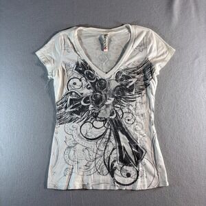 Ransom Womens V-Neck Graphic T-Shirt White Large Cross Wings Roses Y2K Grunge